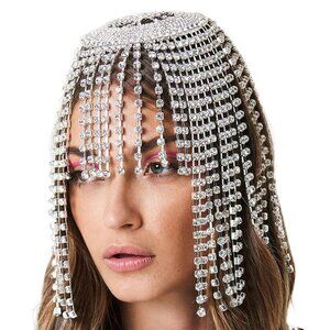 Tassel Rhinestone Cap Headpiece, Silver Crystal Flapper Head Chain Jewelry, Brid